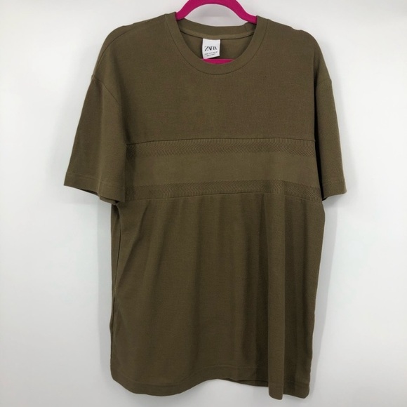 Zara Olive Green Knit Woven Crewneck Tee Shirt M - Picture 1 of 6